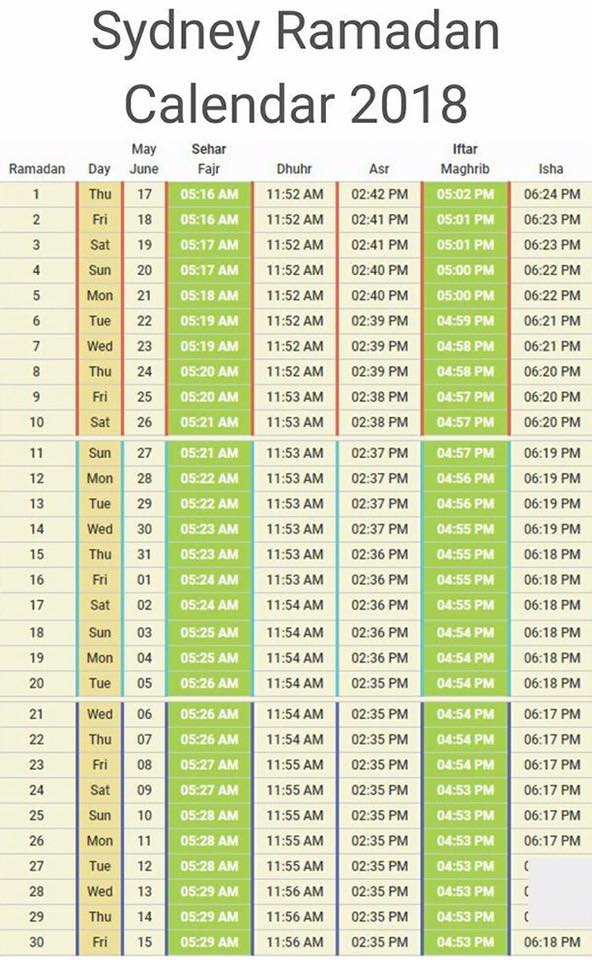 Sydney Ramadan Calendar 2018