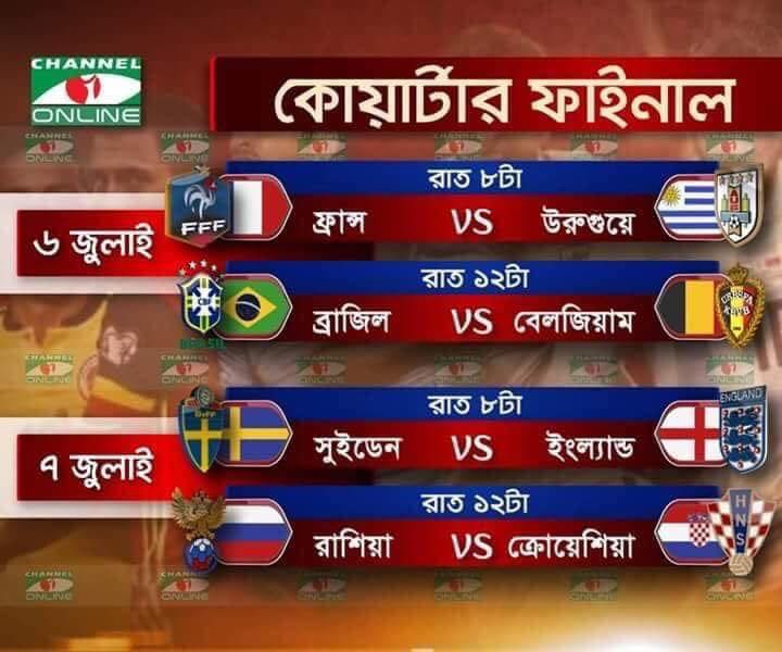 বিশ্বকাপ ফুটবল-২০১৮ কোয়ার্টার ফাইনাল খেলার সময়সূচী