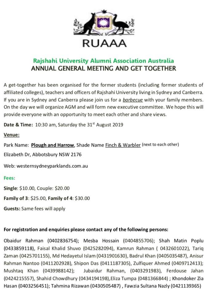 Rajshahi University Alumni Association Australia Annual General Meeting and Get Together